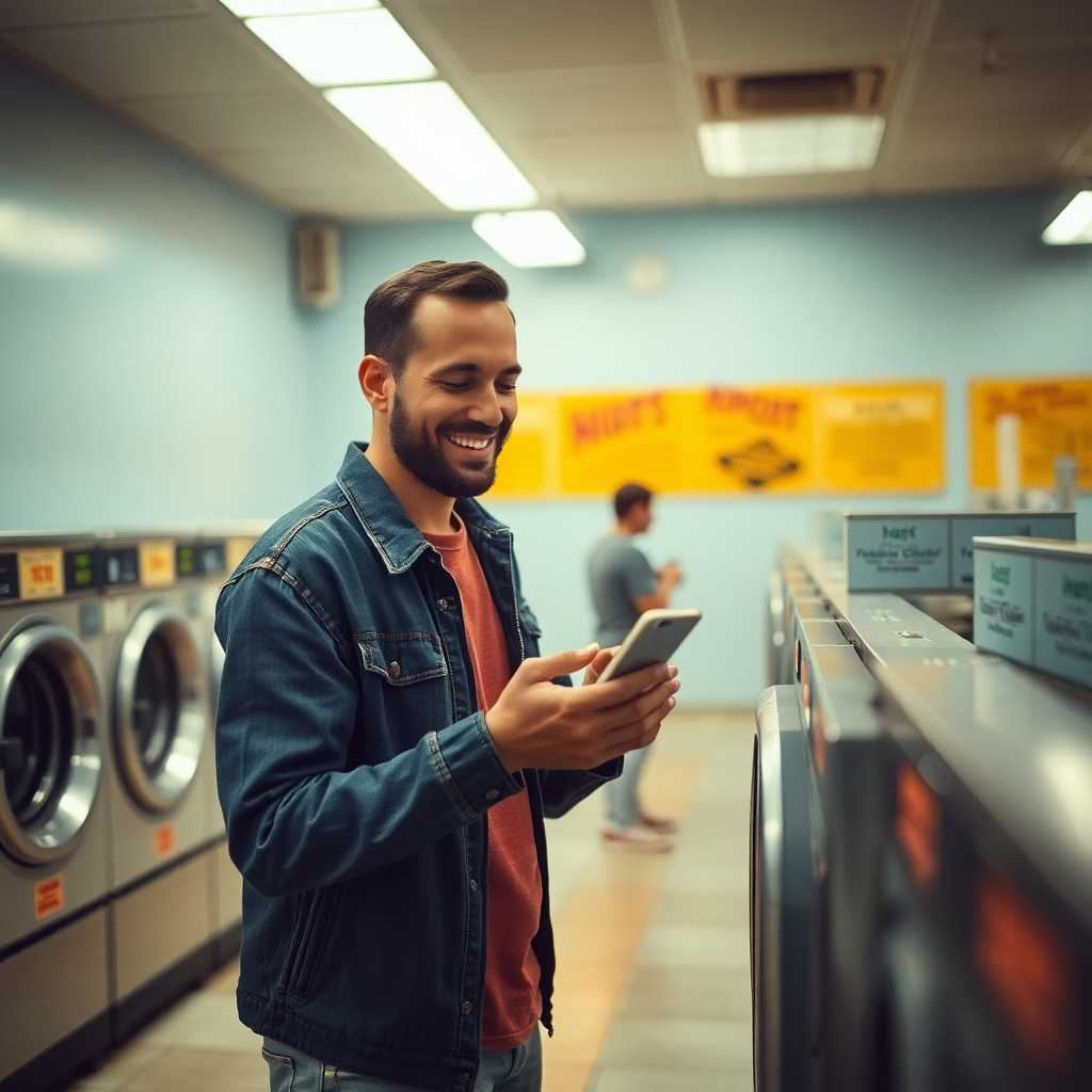 A satisfied customer using their phone at a laundromat