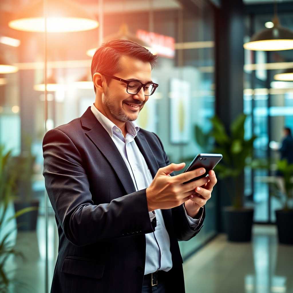 Business Owner Enjoying Efficient Client Communication with a Mobile Device