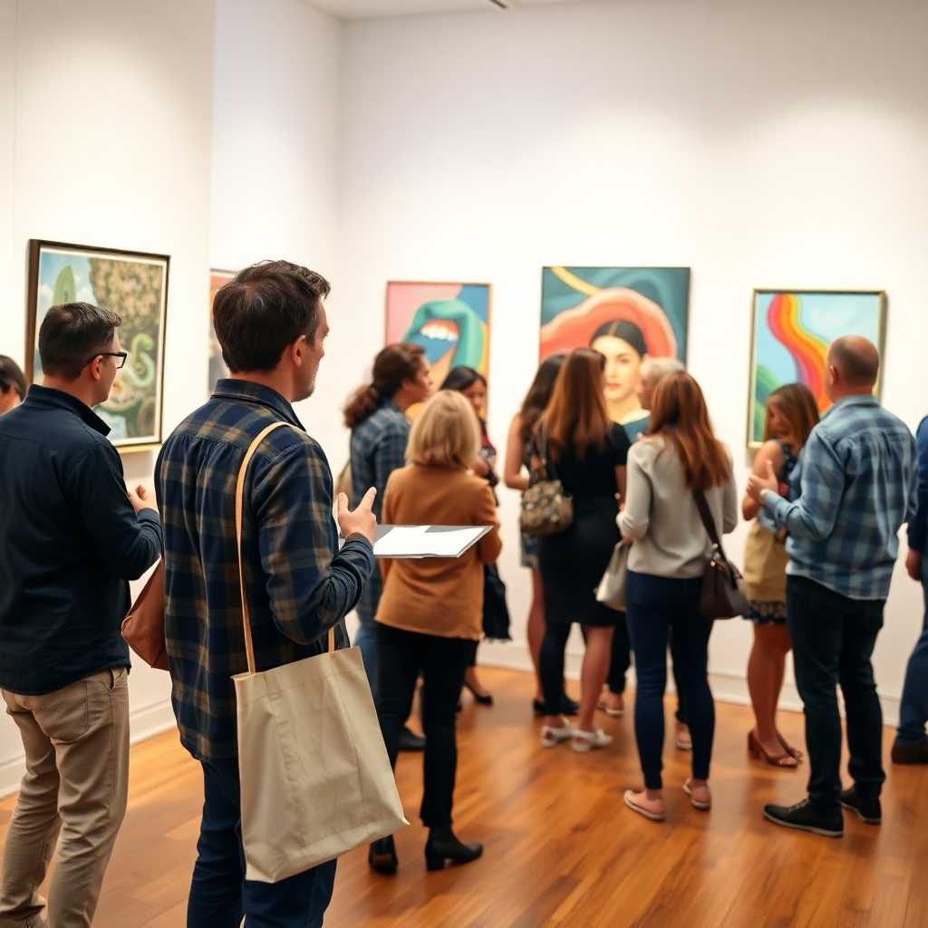An artist explains her work during a busy gallery opening