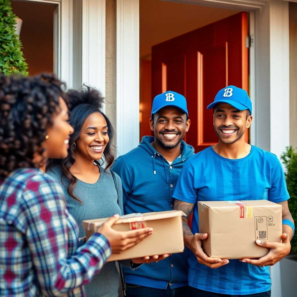 Smiling customers receiving packages at their front door