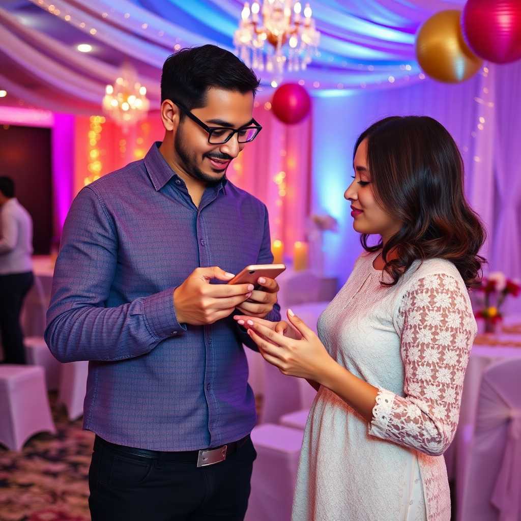 Engaged parents texting to confirm details while decorating a party venue.