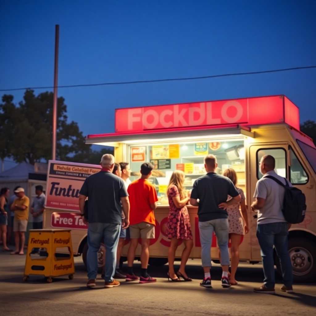 Bustling food truck with a line of eager customers