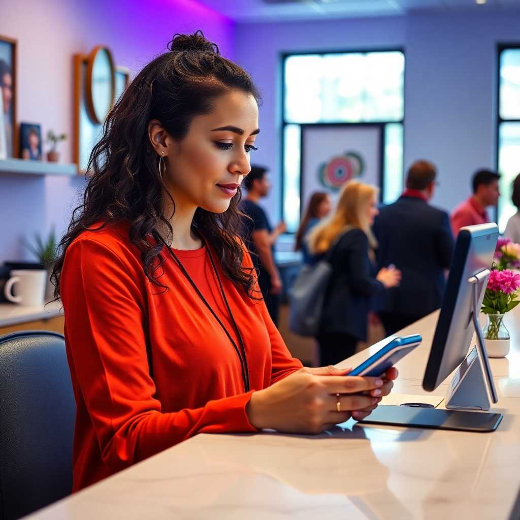 Wellness center owner texting on branded marketing phone beside a busy reception desk