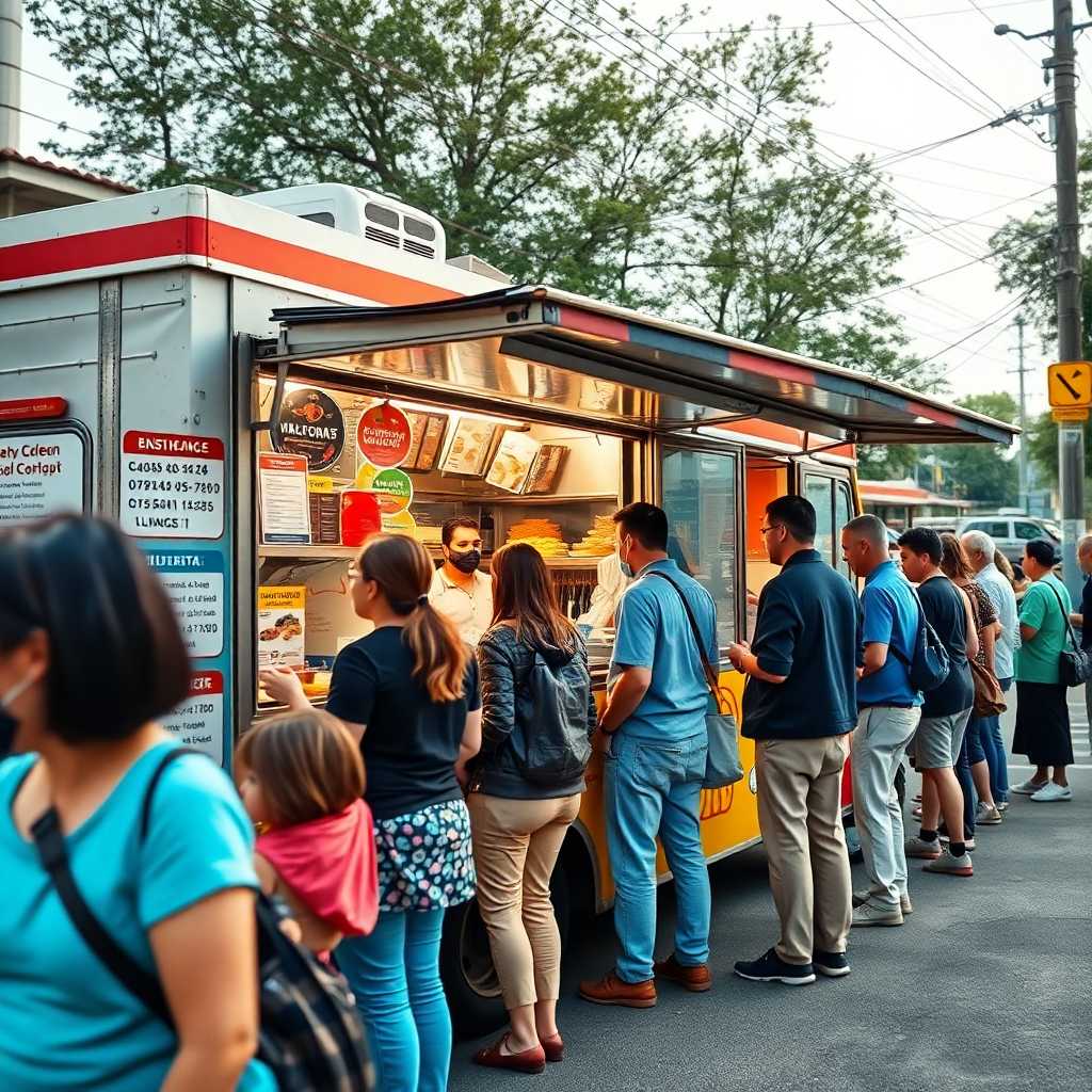 Bustling food truck with busy line of waiting customers