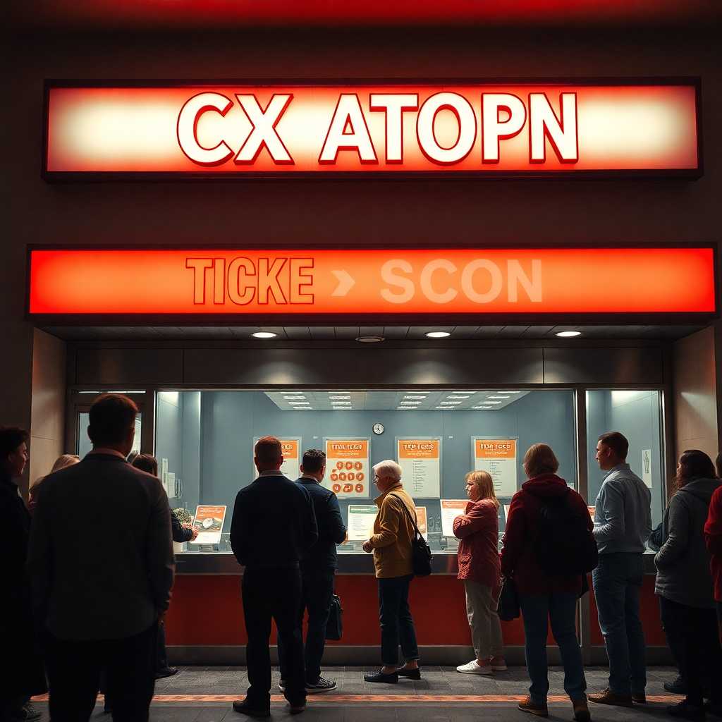 Description - A theater box office with a line of people waiting to purchase tickets.