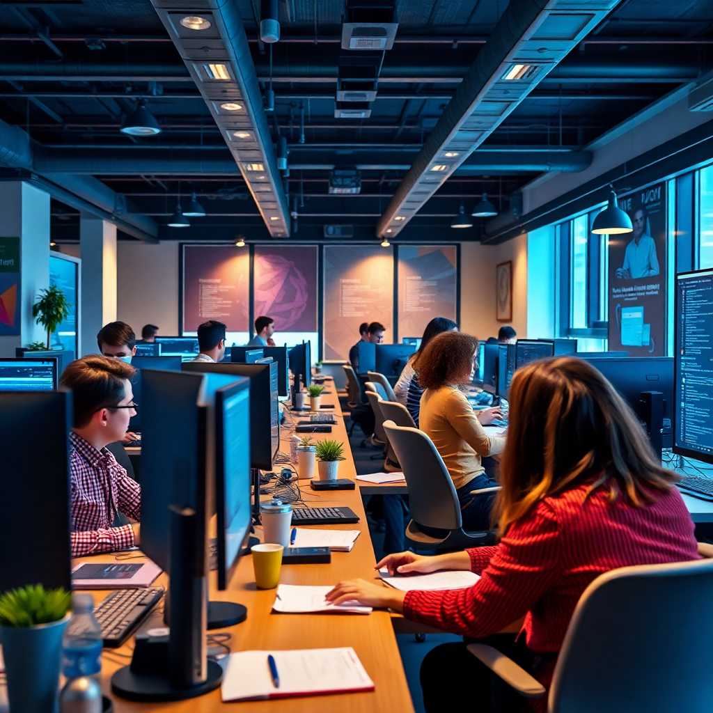 Busy web development agency office with team members multitasking
