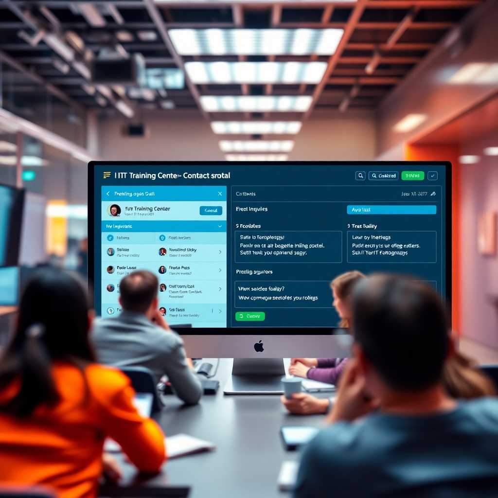Screenshot of a busy IT training center contact portal with pending inquiries. Captions stimulate curiosity about quick-response features.