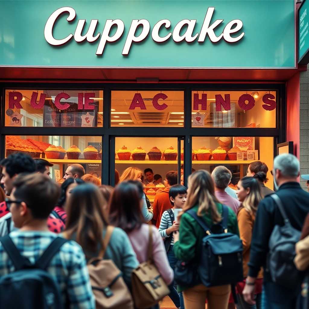 Busy cupcake shop storefront brimming with curious customers.