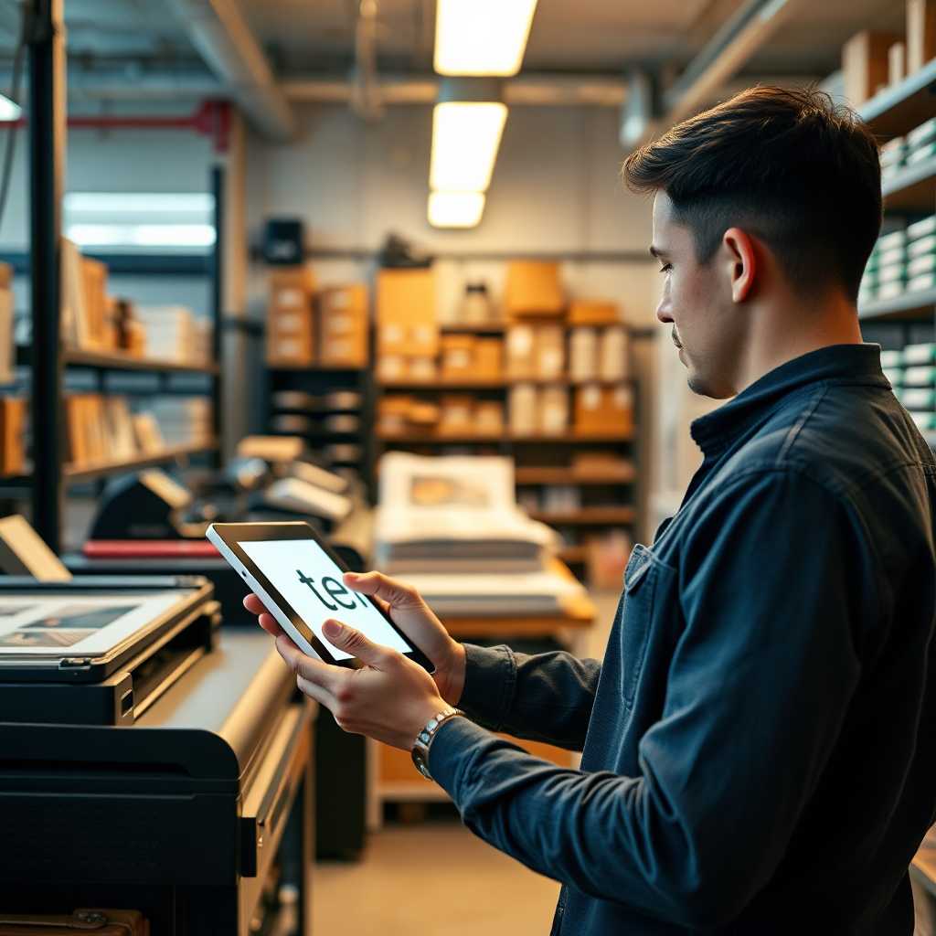 Custom print shop employee using TextSupport on a tablet