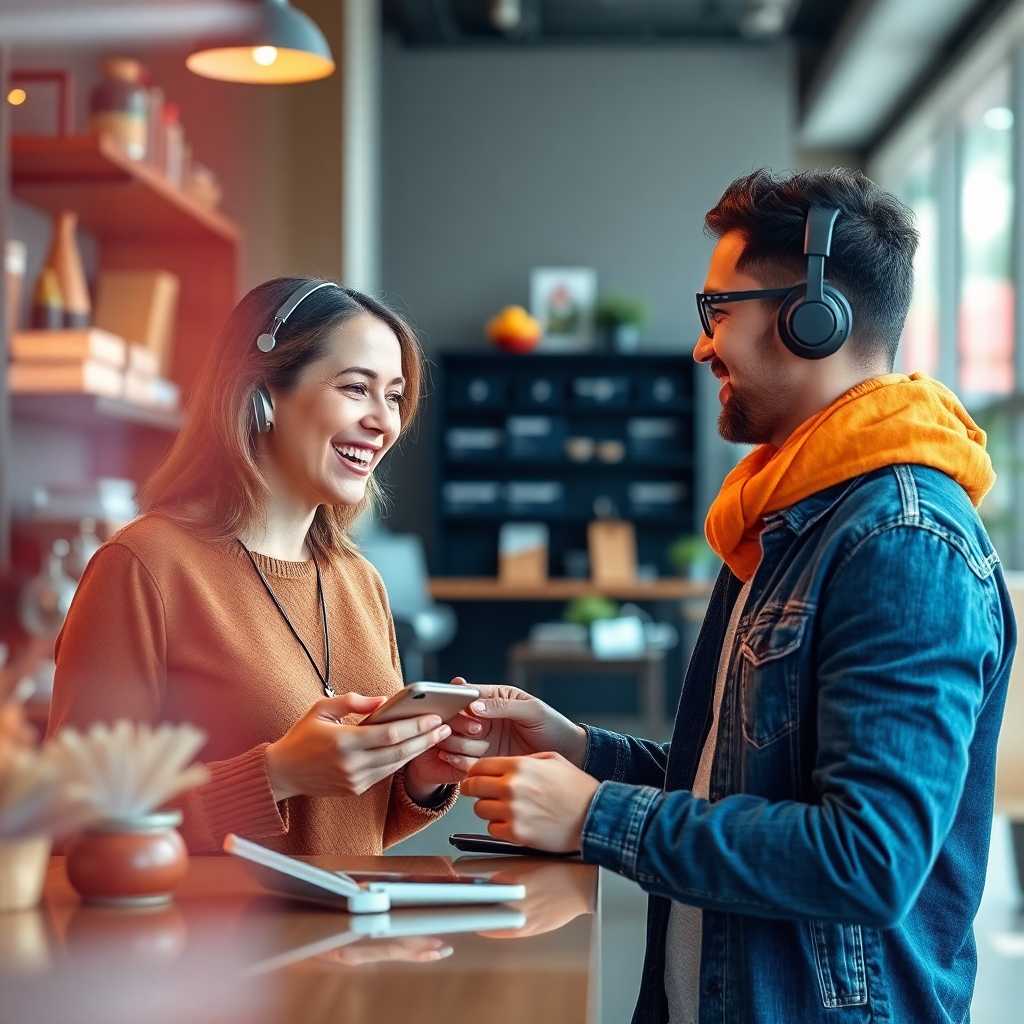 A happy customer chatting with the business owner using modern gadgetry.