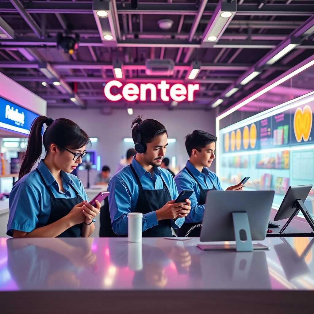 Staff using phones behind play center counter