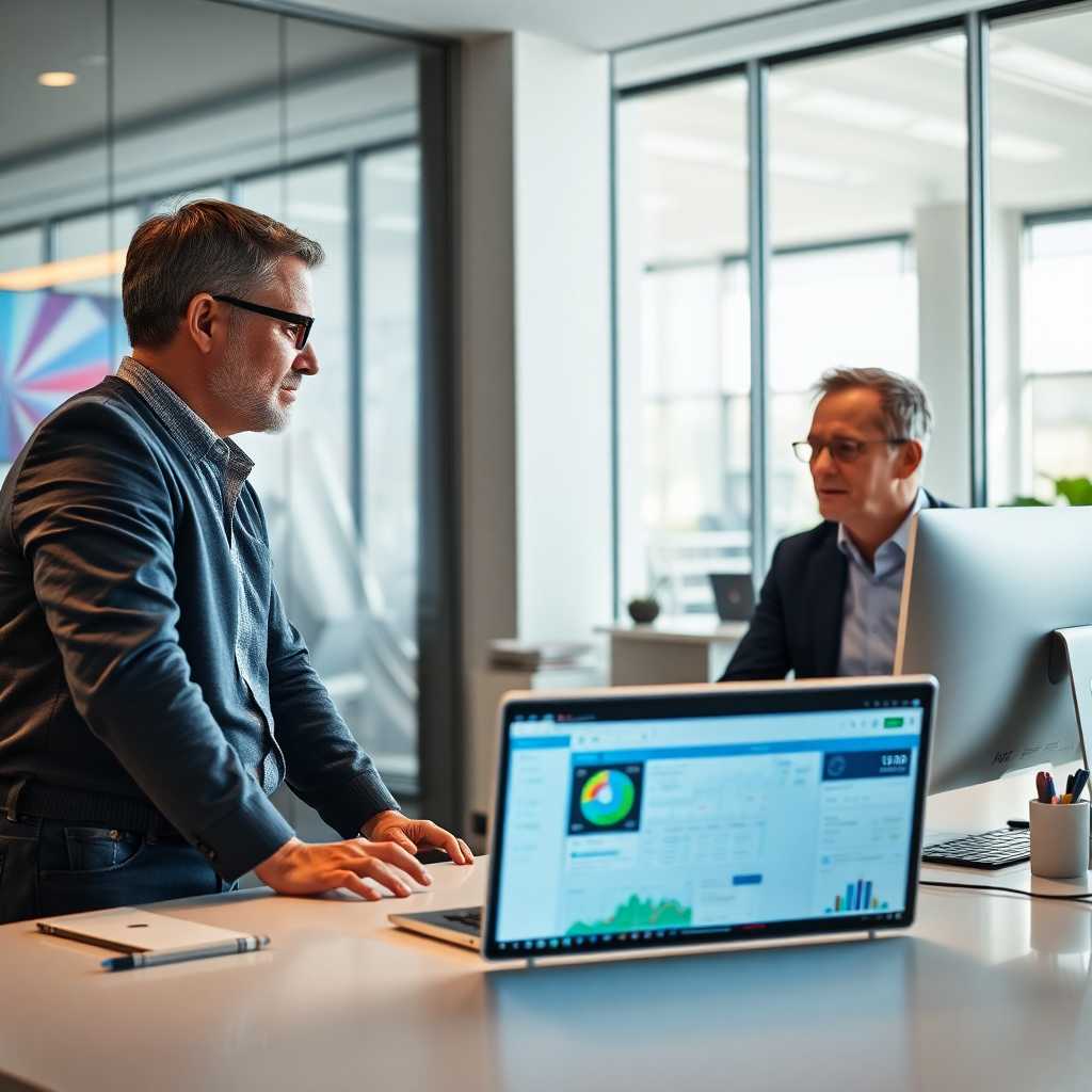 Customer and owner in dialog over a sleek desk with visible CRM screen