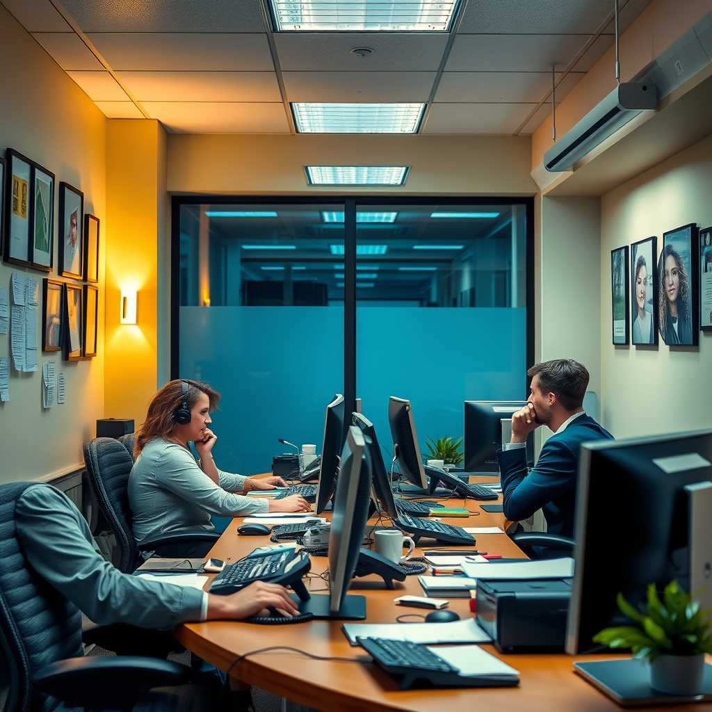 A busy Apartment Locator office with phones ringing and agents talking to clients