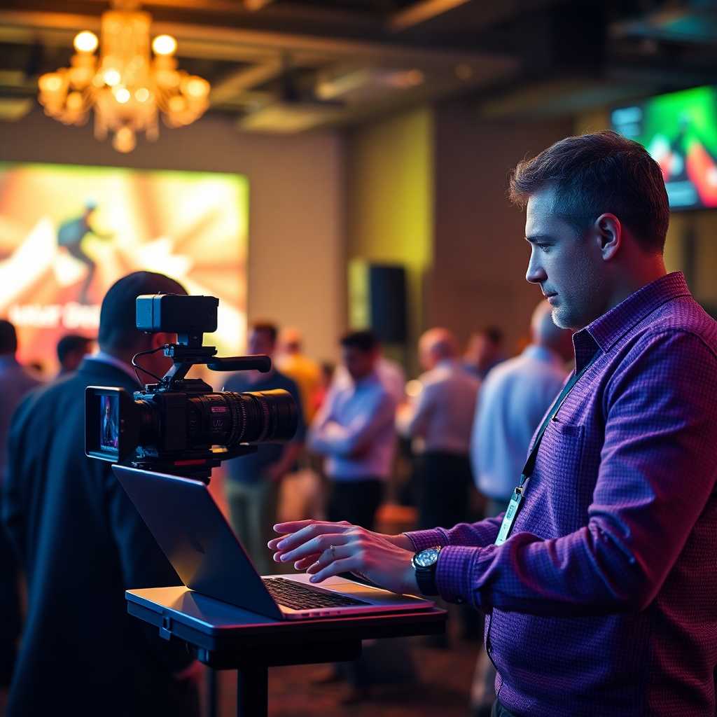 Event videographer efficiently engaging with customer data portal on a laptop.