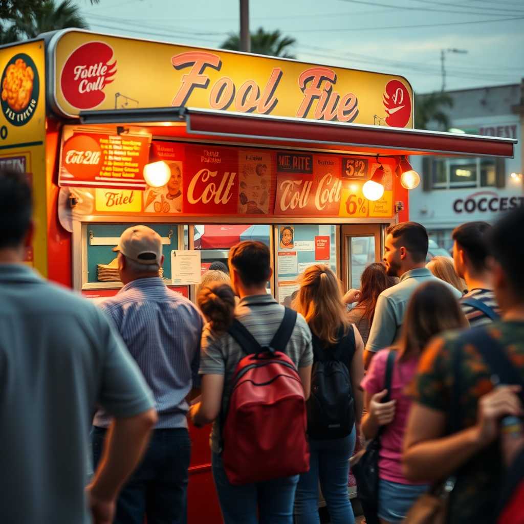 Busy food truck with long queue and customer texts flurrying in